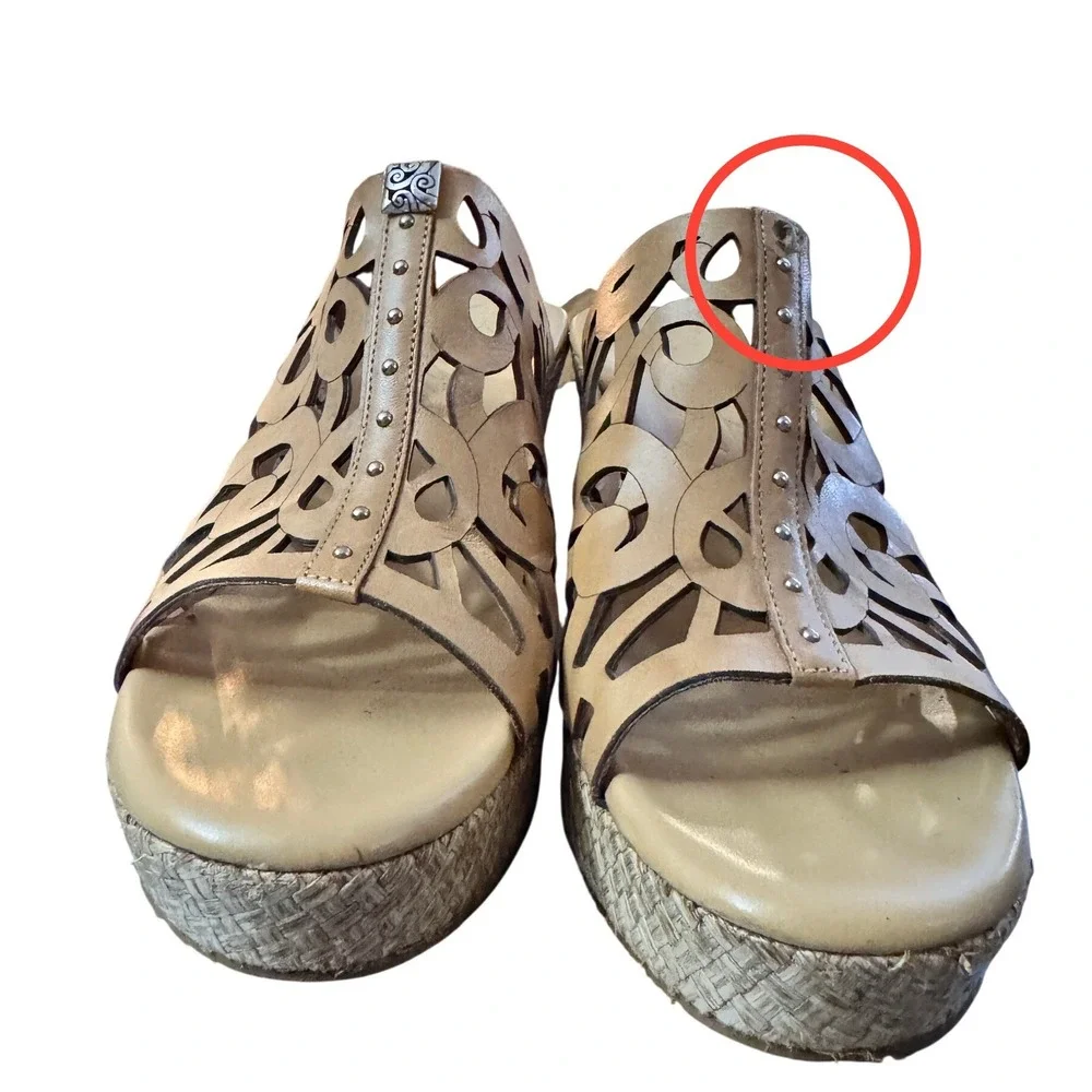 Brighton Daria Wedge Sandals Tan Leather Cutout Espadrille Style Size 9.5 M‎